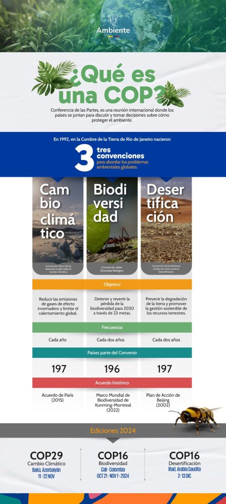 Infografía sobre las diferencias entre las diferentes COP que tratan temas relacionados con el medio ambiente, la biodiversidad y el cambio climático. 