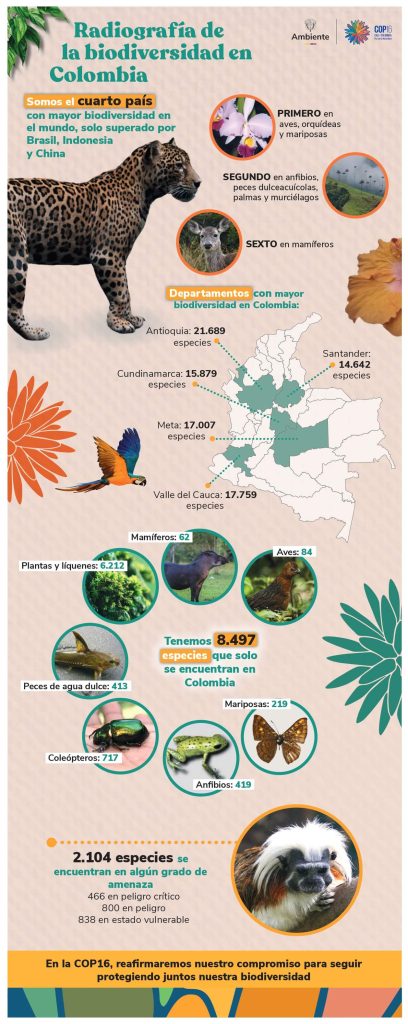 Infografía titulada Radiografía de la biodiversidad en Colombia, en la cual se muestran datos relevantes sobre Colombia en materia de biodiversidad. 