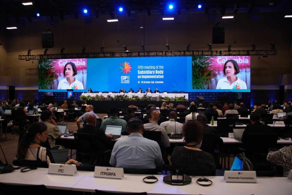 Imágen del auditorio principal de la Zona Azul en la ZOP16, en la pantalla se ve a la presidenta entrante de la COP, Susana Muhamad, y una amplia asistencia al auditorio.